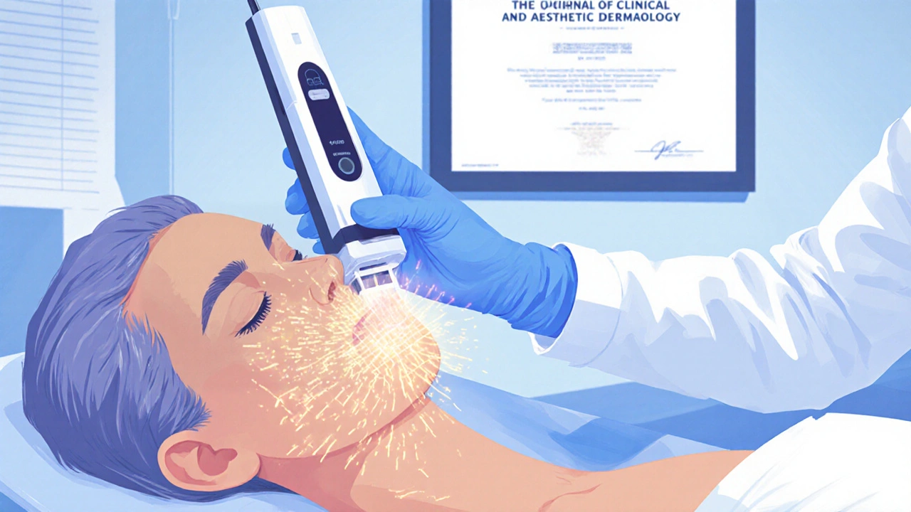 Dermatolog provádí elektrodepilaci na paži pacientky v klinice.