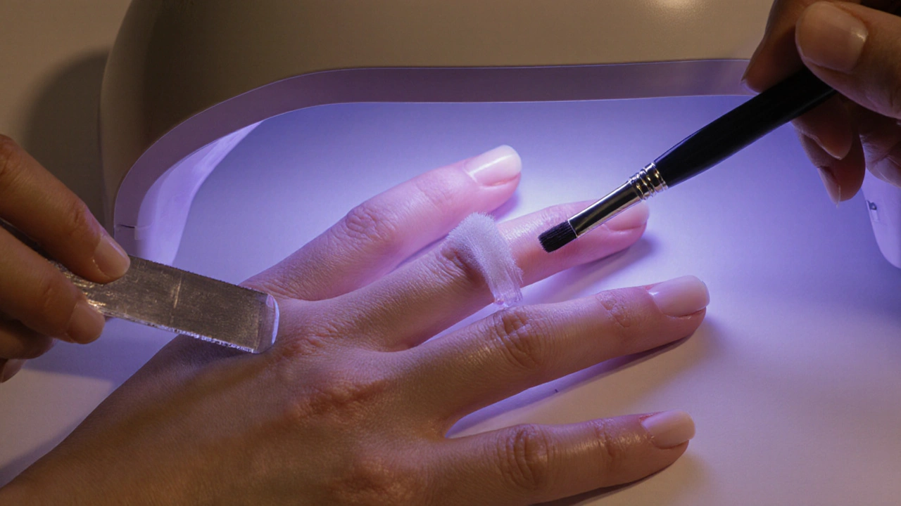 Detail ruky během domácí manikúry – pilník, lžička, bazuka a UV lampa.
