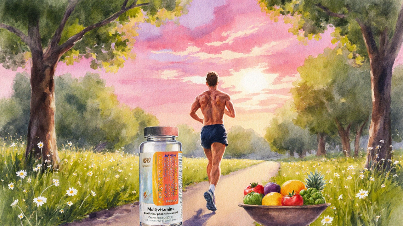 Energický běžec v parku s ovocem a doplňkem vitamínů.