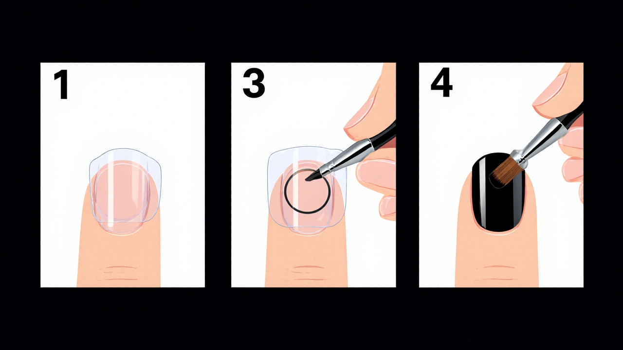 Flat lay postup aplikace US kroužku: základní lak, šablona, štětec a finální top coat.