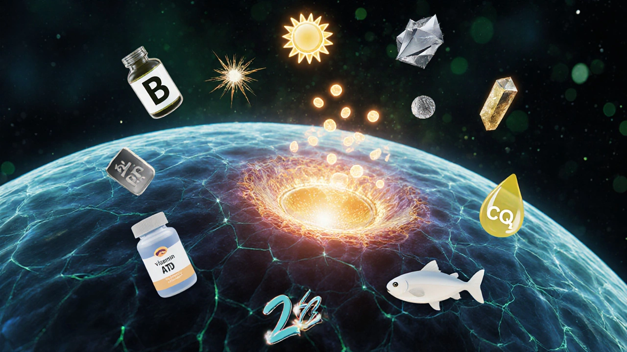 Ilustrace buněčného metabolismu s vitamíny a minerály kolem mitochondrií.