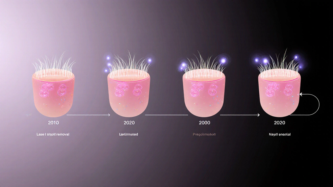 Ilustrace cyklu laserové depilace s postupně řidnoucími chloupky během několika měsíců.