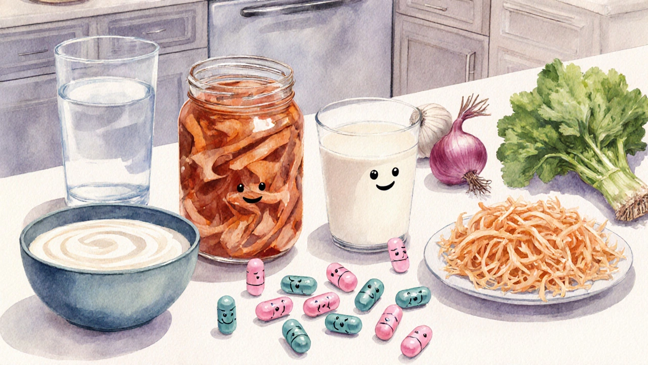 Kuchyňská scéna s jogurtem, kefírem, kimchi, kysaným zelím a probiotickými kapslemi s lactobacily.