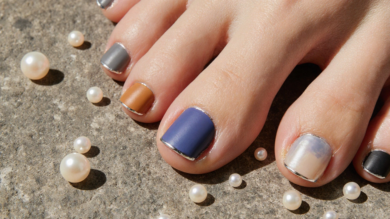 Pět nehtů v módních odstínech roku 2023: šedé, kávové, modro-fialové, matné černé a perlové nude.