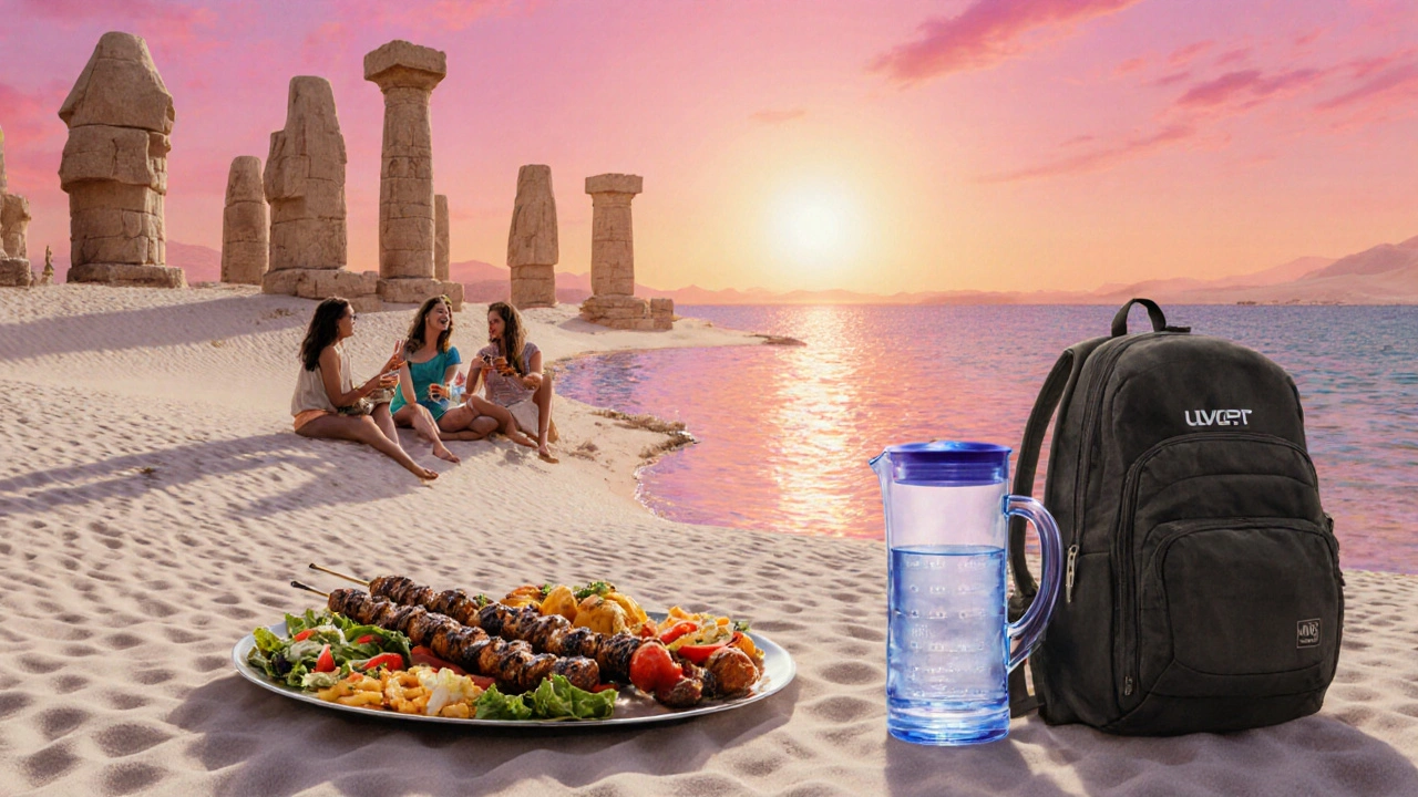 Pláž v Egyptě při západu slunce, lidé jí horký grilovaný kebab.