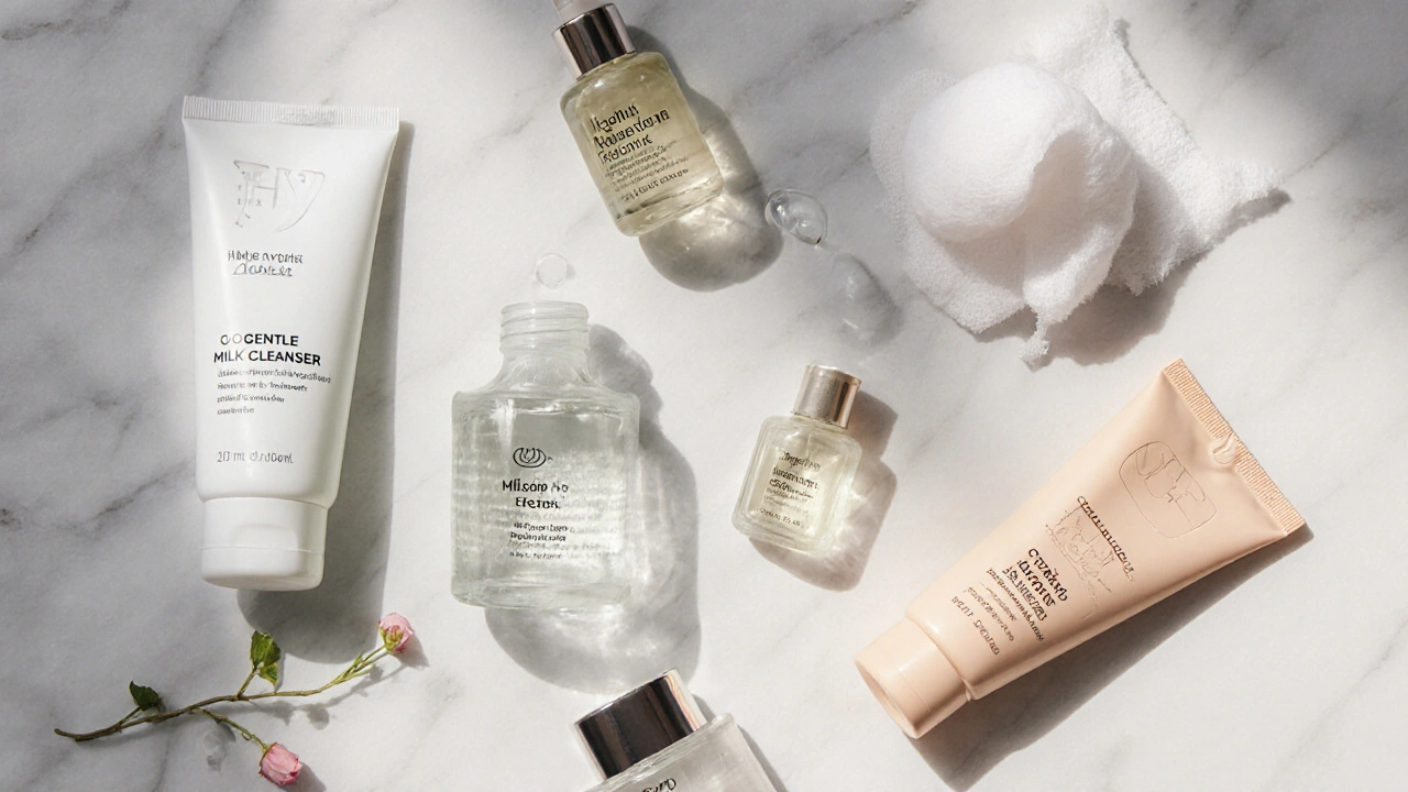 Ploché uspořádání produktů: čistič, tonikum, sérum, jojobový olej, krém, SPF.