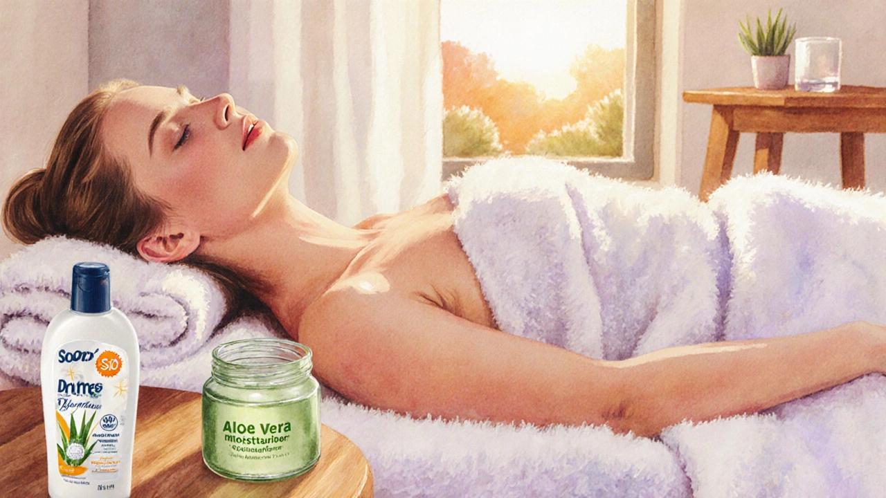 Po depilaci žena odpočívá na ručníku, vedle krému s aloe a krémem s SPF, v klidném prostředí.