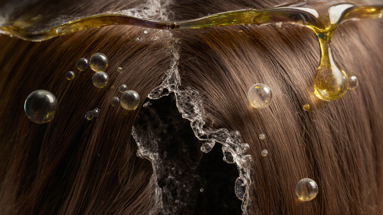 Poškozené vlasové vlákno vstřebávající vodu jako houba s ochrannou vrstvou oleje.