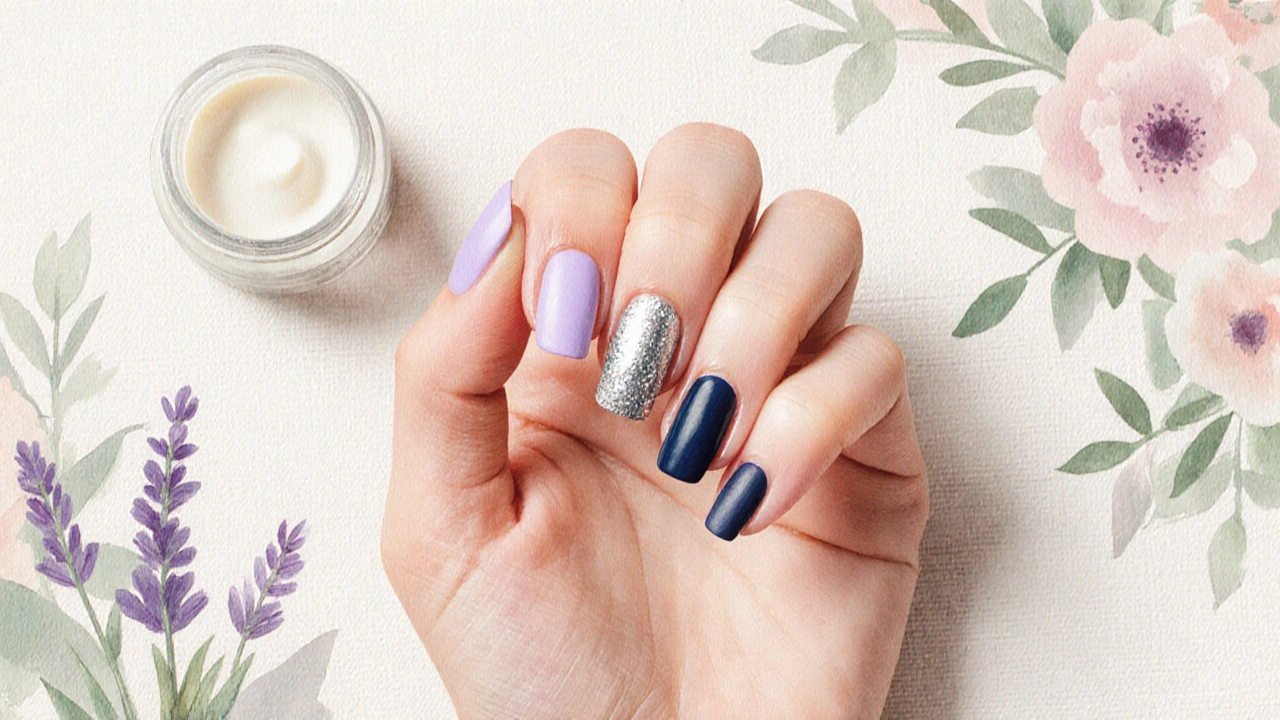 Rukou s trendy nehty: pastelový mat, metalický lesk a tmavý mat, s krémem a levandulí.
