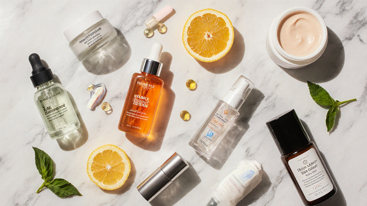 Stolní scéna s různými dermokosmetickými produkty a přírodními složkami jako citrus, zelený čaj a omega‑3.
