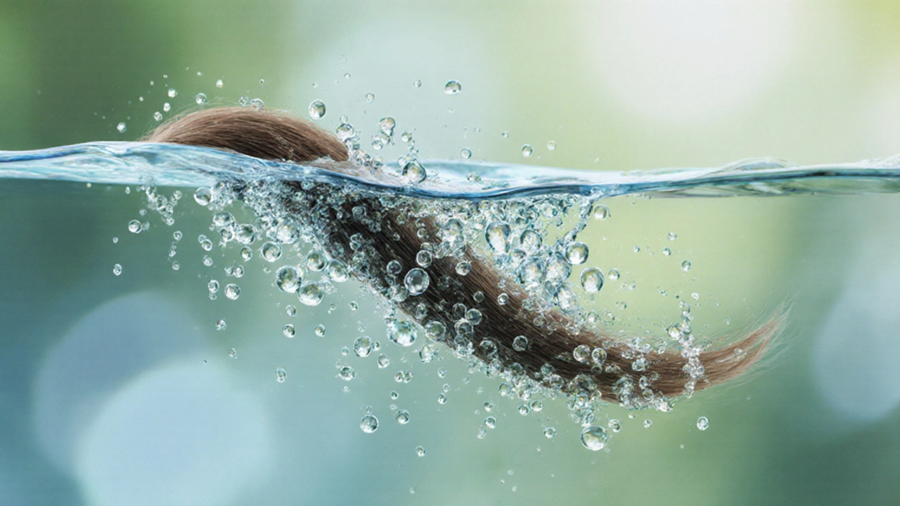 Vlasová vlákna pomalu klesající ve vodě, znázorňující střední poréznost.