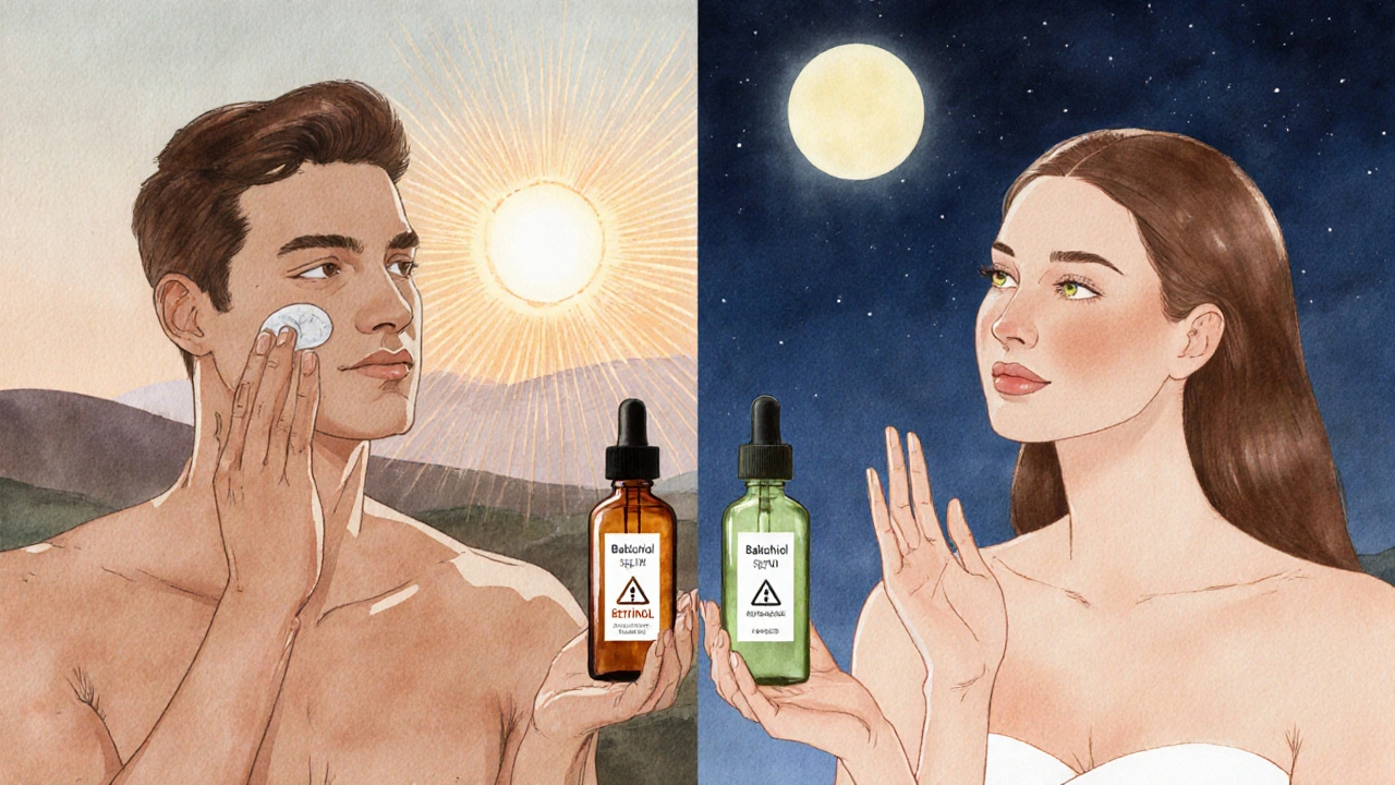 Vodovážová ilustrace kontrastující retinol a bakuchiol, den vs. noc, s lahvemi v rukou.