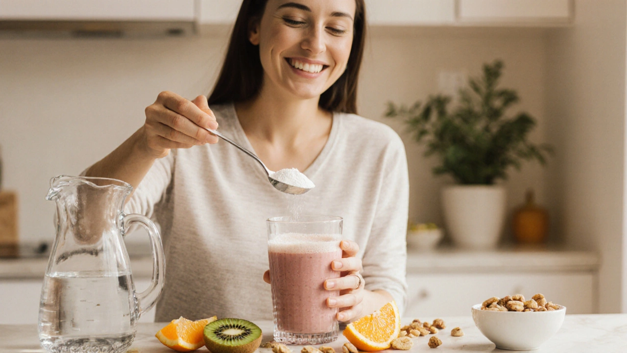 Žena míchá smoothie s kolagenovým práškem, citrusovým ovocem a pije vodu.
