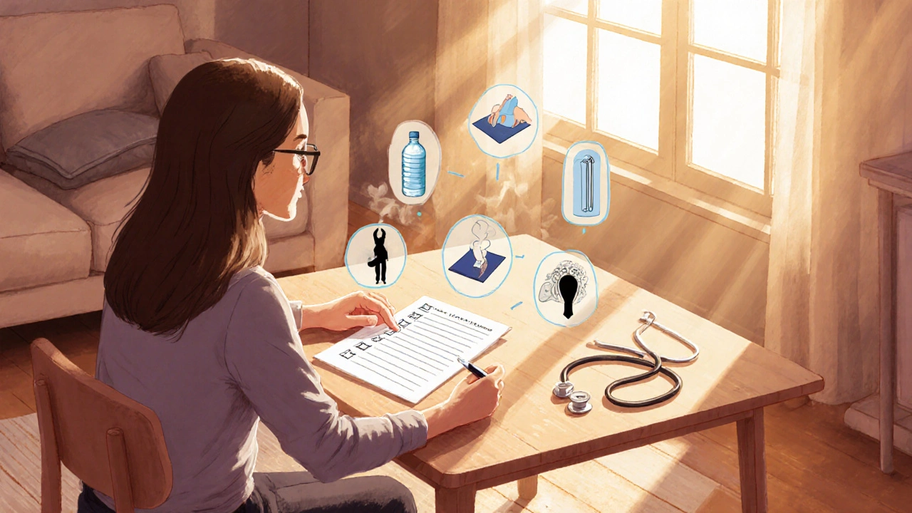 Žena přezkoumává kontrolní seznam s ikonami vody, jógy, masáže a lékařské stetoskopu.