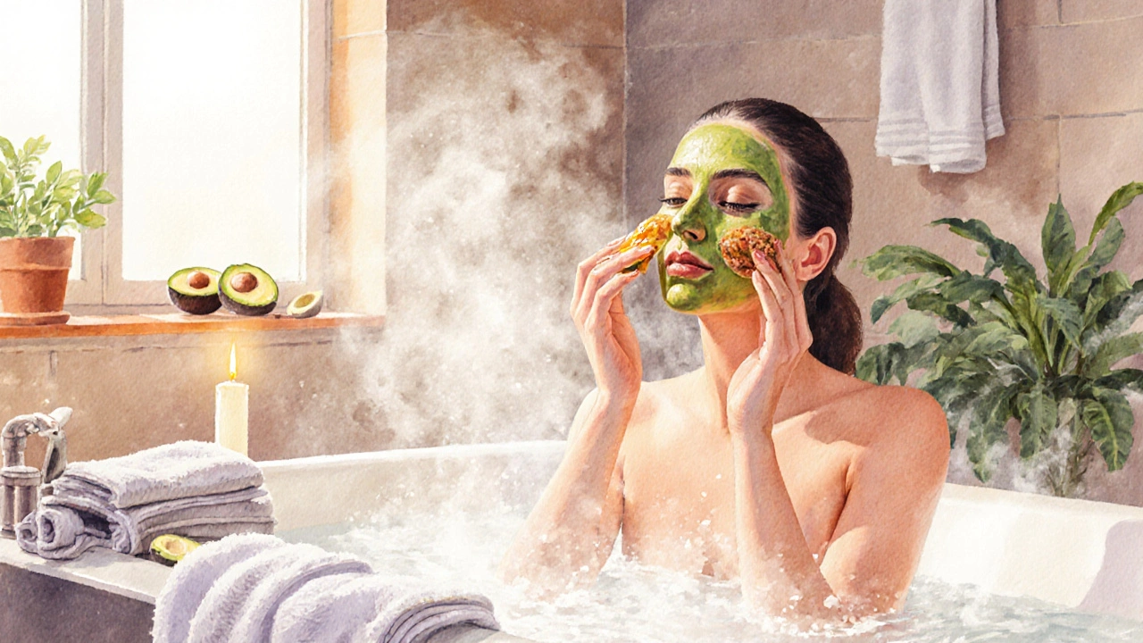 Žena v koupelně nanáší domácí masku, jemná atmosféra se steamy a svíčkou.
