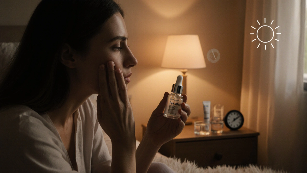 Žena v ložnici večer aplikuje retinol, doplněná hydratační krém a připomínka SPF.