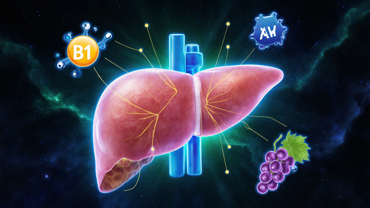 Abstraktní ilustrace jater s molekulami vitamínů a toxinů v okolí.