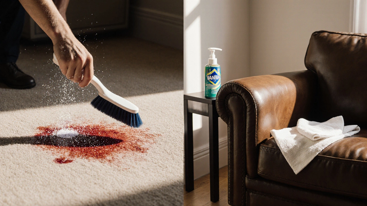 Čištění krevních skvrn na koberci a kůži pomocí soli, peroxidu a jemného mydla.