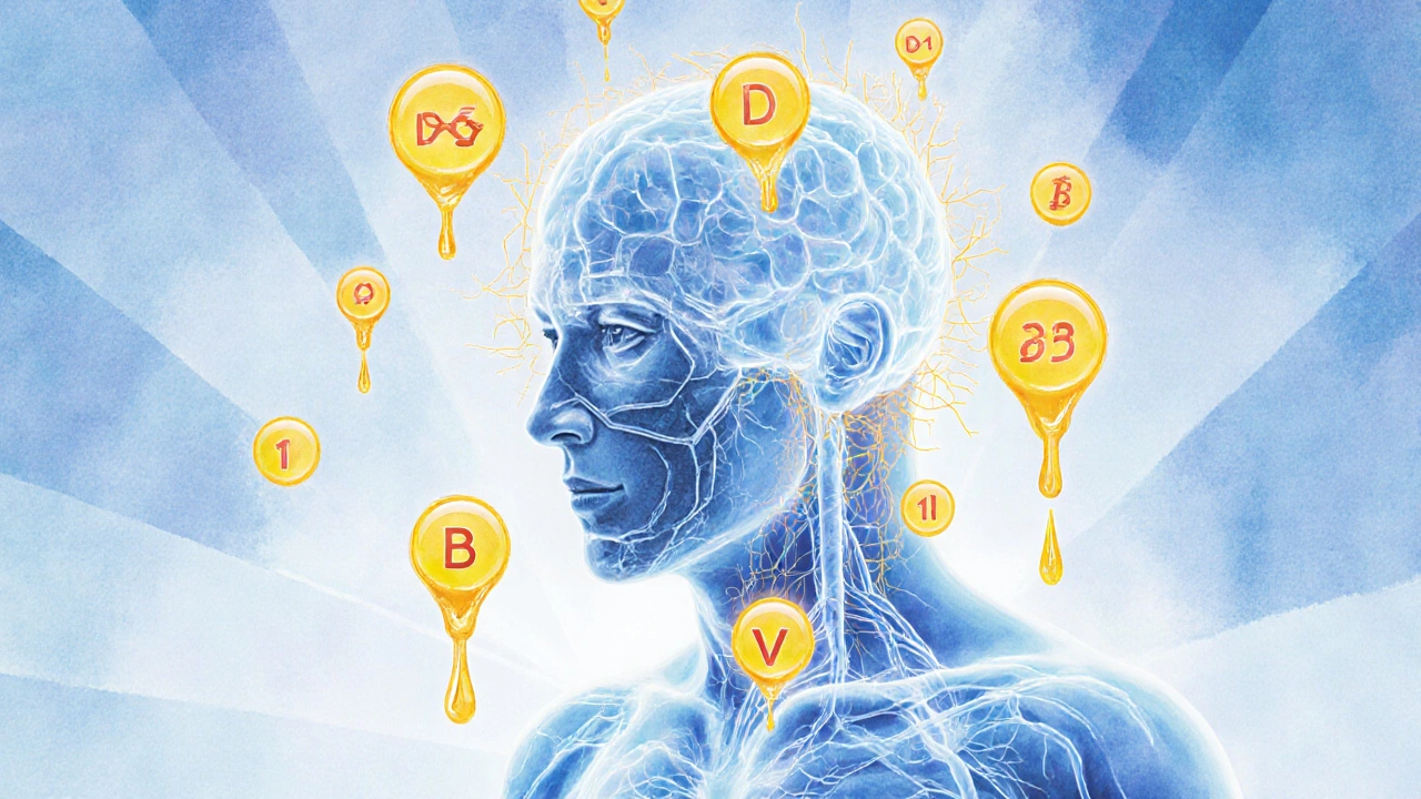Glowing nervový systém s osmi symboly vitamínů B ve vodní barvě.