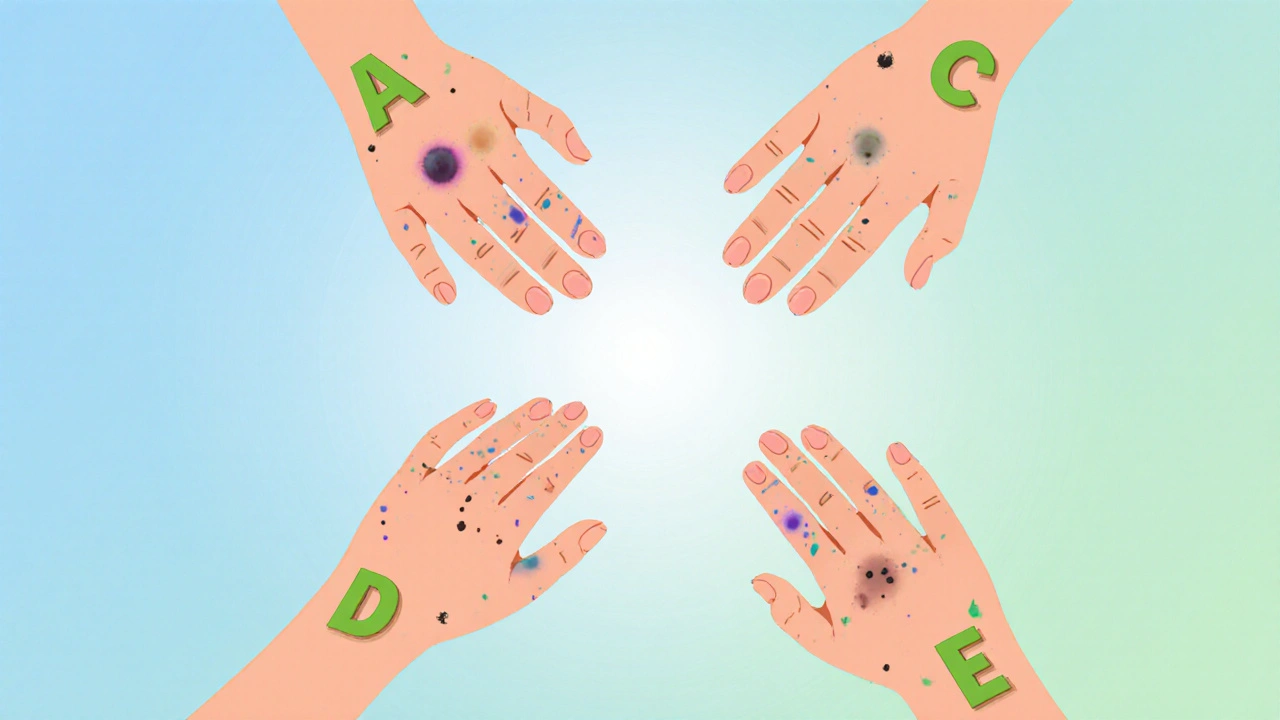 Ilustrace pravidla ABCDE pro detekci melanomu s pěti deformovanými znaménky.