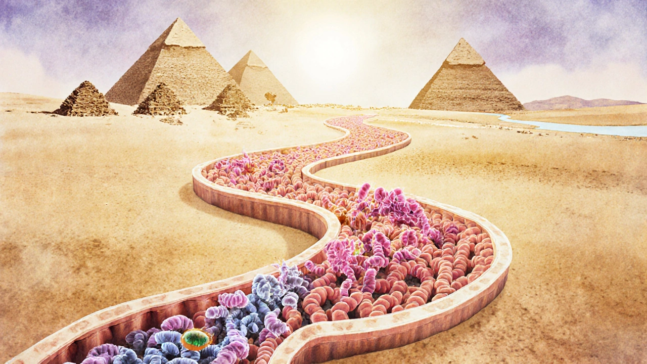Ilustrace střev s užitečnými bakteriemi chránícími před škodlivými mikroby v egyptském prostředí.