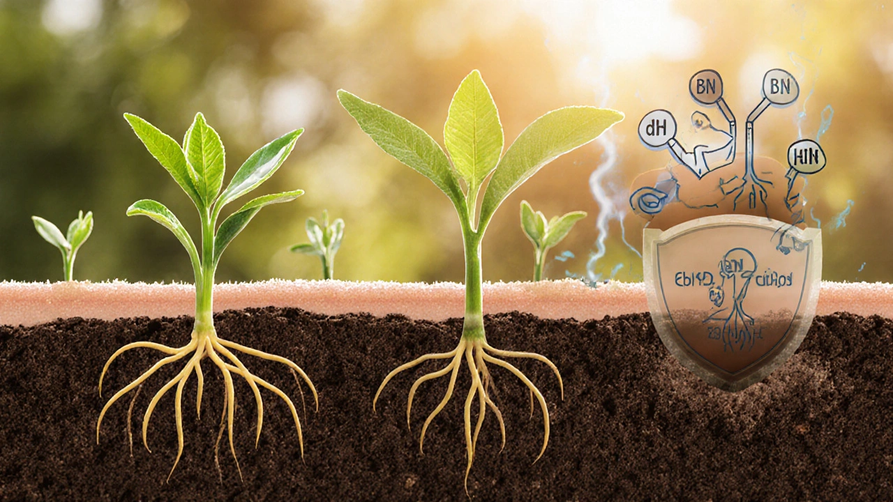 Ilustrace vlasových folikulů jako rostlin, které přijímají živiny a blokují škodlivé molekuly.