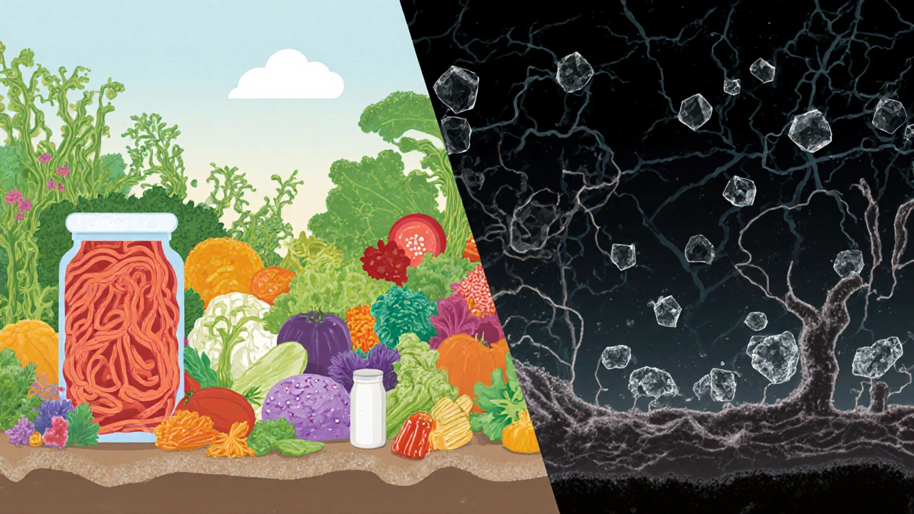 Kontrast mezi zdravým a poškozeným střevním mikrobiomem s potravinami a stresem.