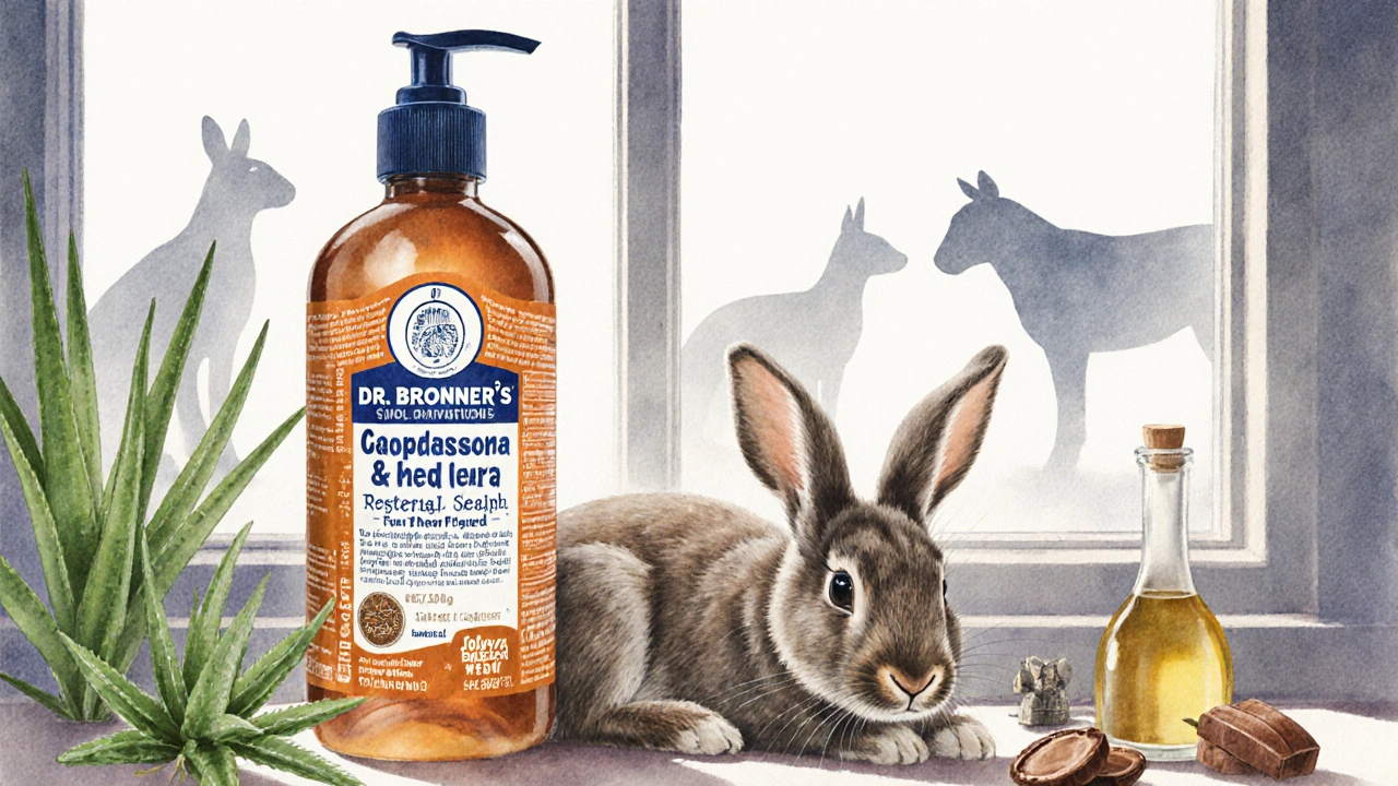 Krabice tělového mýdla Dr. Bronner’s s přírodními složkami a klidně spícím králíkem v pozadí.