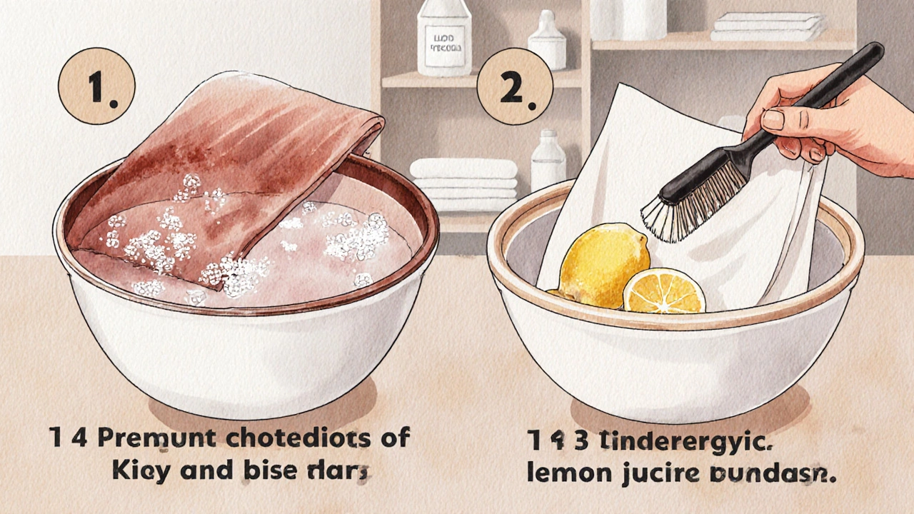 Krevní skvrna na tkanině je léčena směsí soli, peroxidu a citronové šťávy v míse.