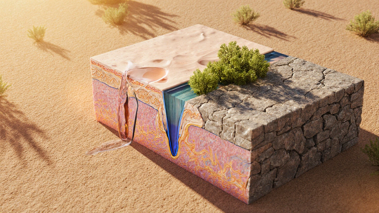 Kůže jako krajina: sérum je řeka, která zavlažuje, krém je zeď, která uchovává vlhkost.