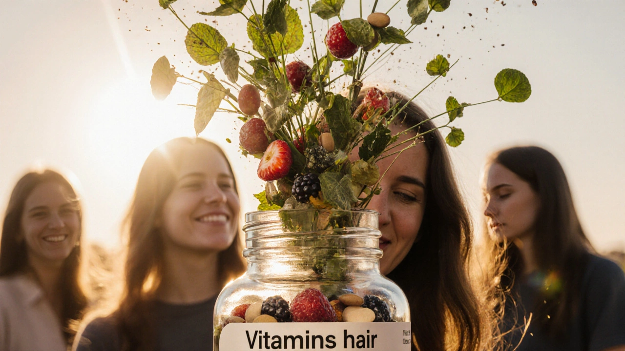 Láhev s vitamíny se mění v listy a semínka, které se stávají novými vlasy.