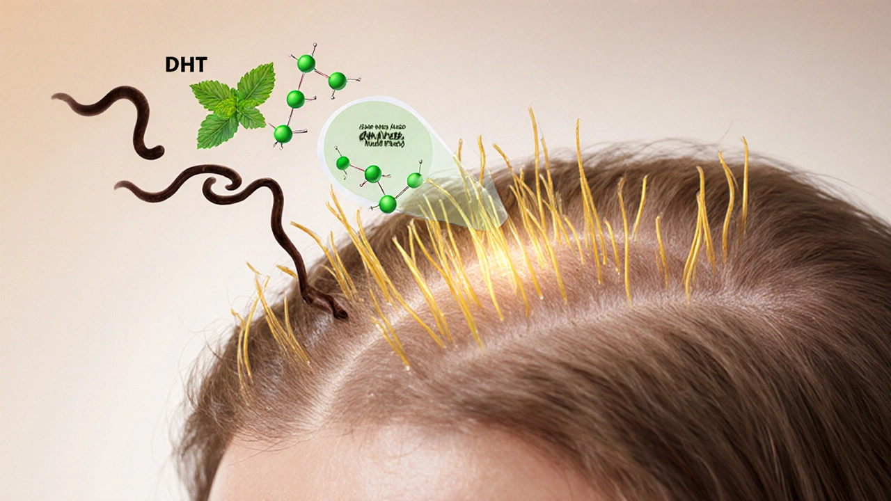 Microskopický pohled na vlasové folikuly, kde aktivní růst končí s DHT a přírodními látkami.