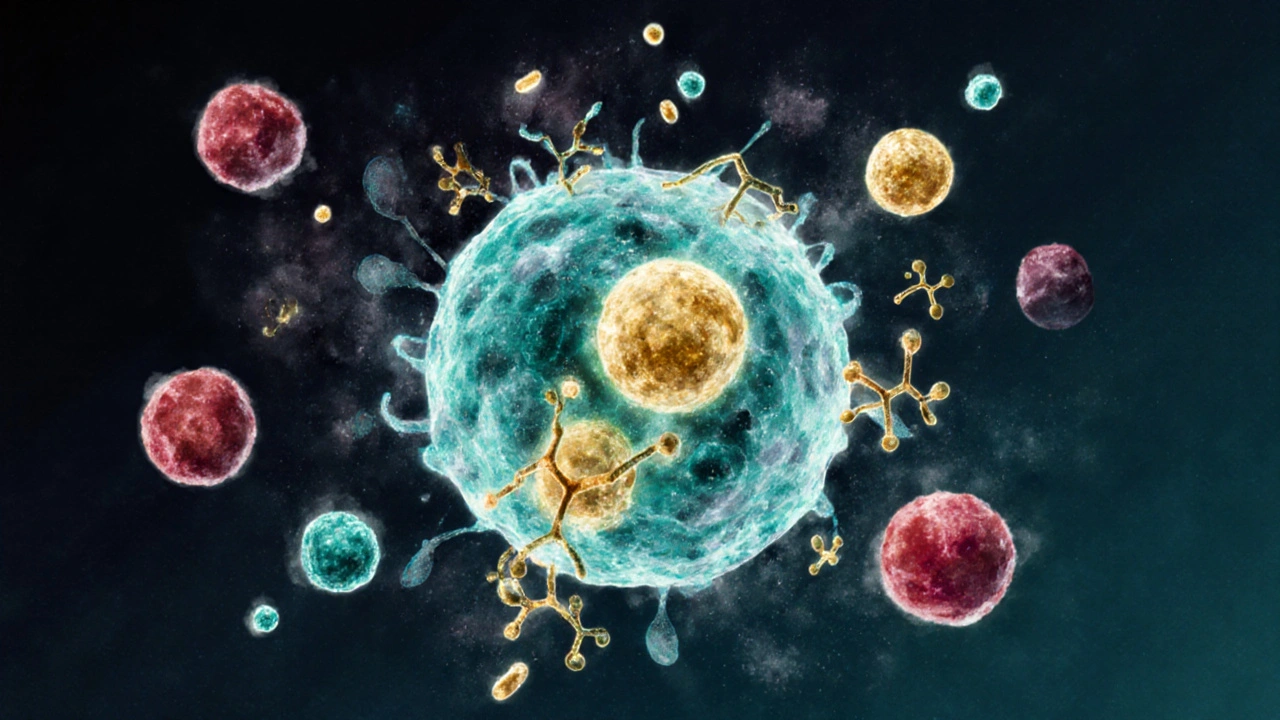 Mikroskopický pohled na buňku vstřebávající vitamíny B12, železo a D.