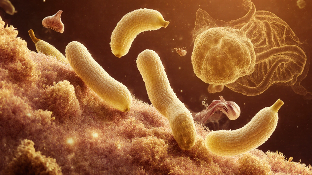 Mikroskopický pohled na probiotické bakterie žijící ve střevech spolu s prebiotickými potravinami.