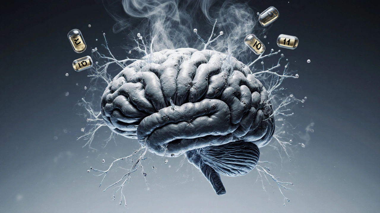 Mozek s rozpadajícími se nervovými spojeními a blokovanými vitamíny.