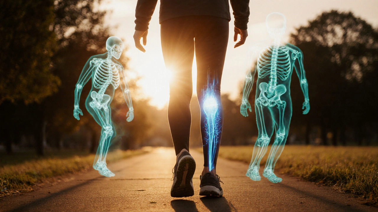 Osoba kráčí večer v parku, pod kůží se objevují zdravé kloubní struktury, bolest se mění v pohyb.