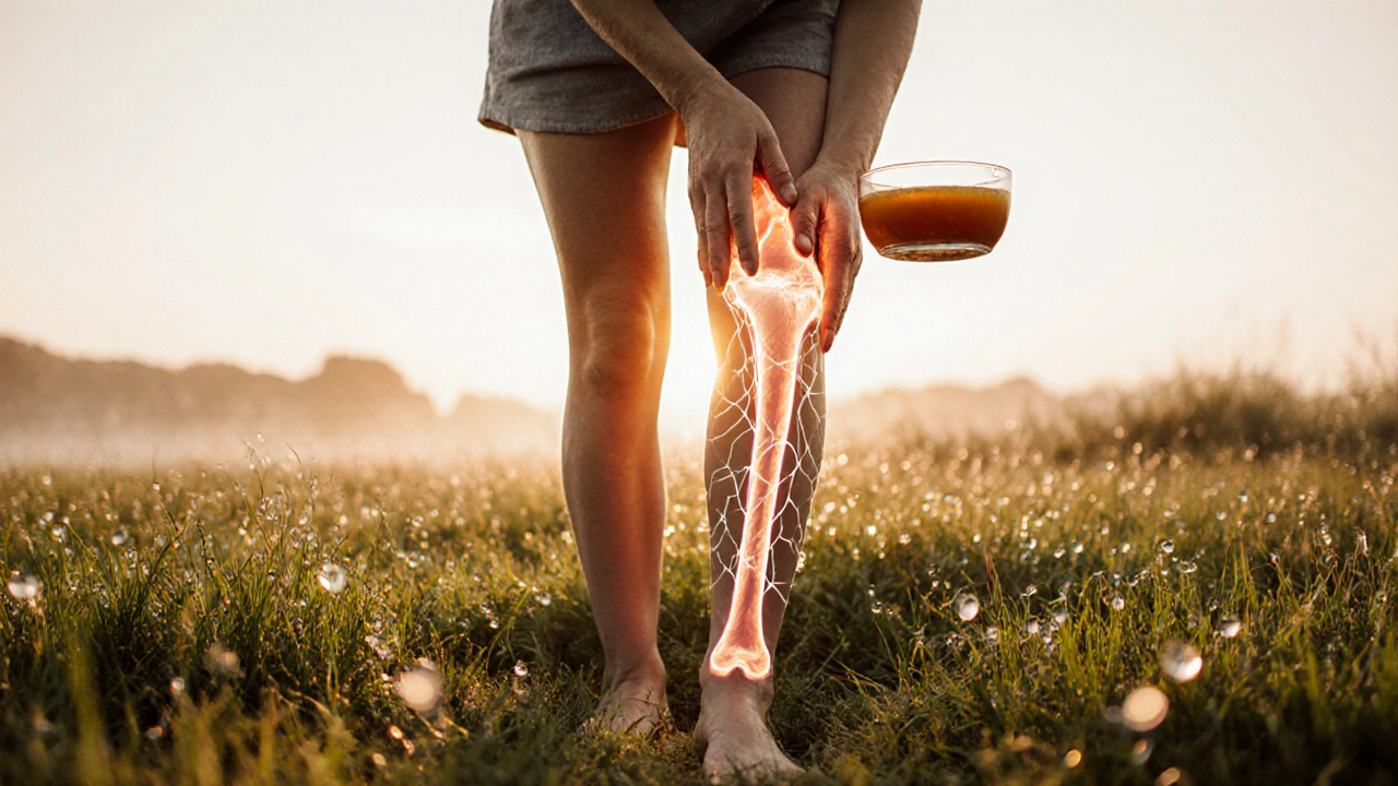 Osoba v klidu na trávníku při východu slunce s vývarem v ruce