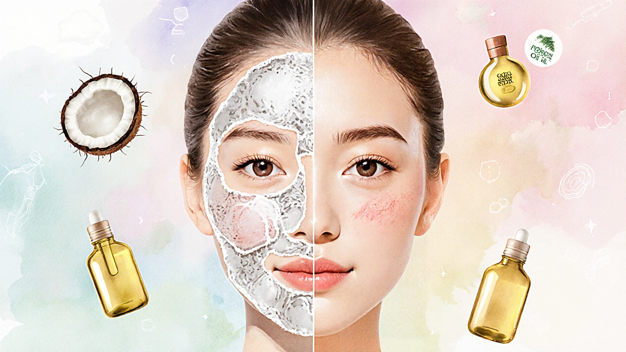 Porovnání pleti: mastná pleť s blokovanými póry vs. čistá pleť s lehkými oleji.