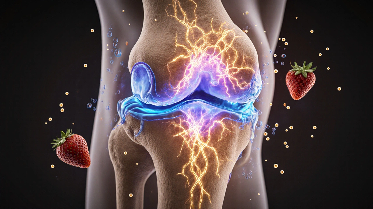 Příčinný náčrt kloubu s obnovou chrupavky kolagenem a živinami z papriky a jahod.