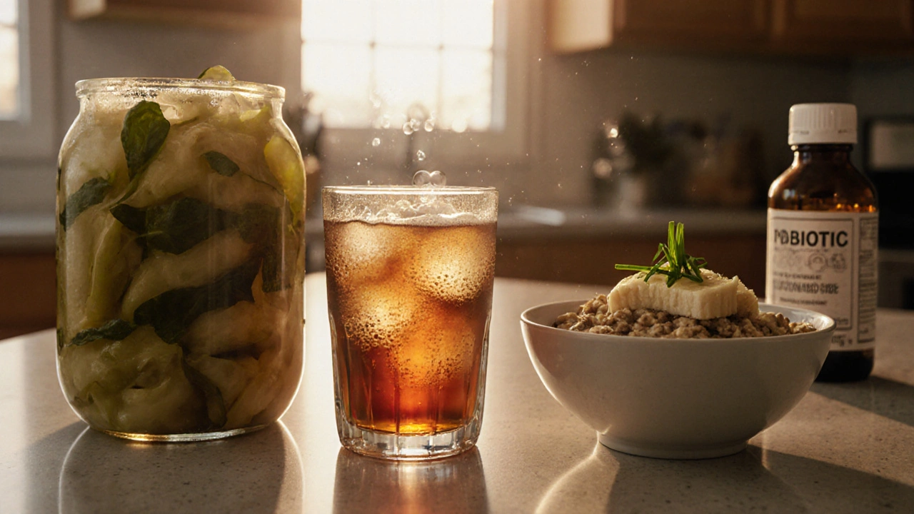 Přírodní zdroje probiotik na kuchyňském stole v ranním světle.