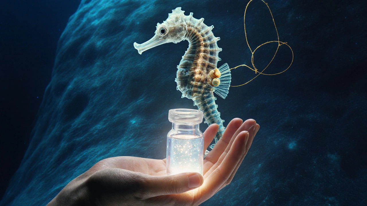 Průhledná láhev s mořským kolagenem spojená s obrázkem samce mořského koníka s vajíčky.