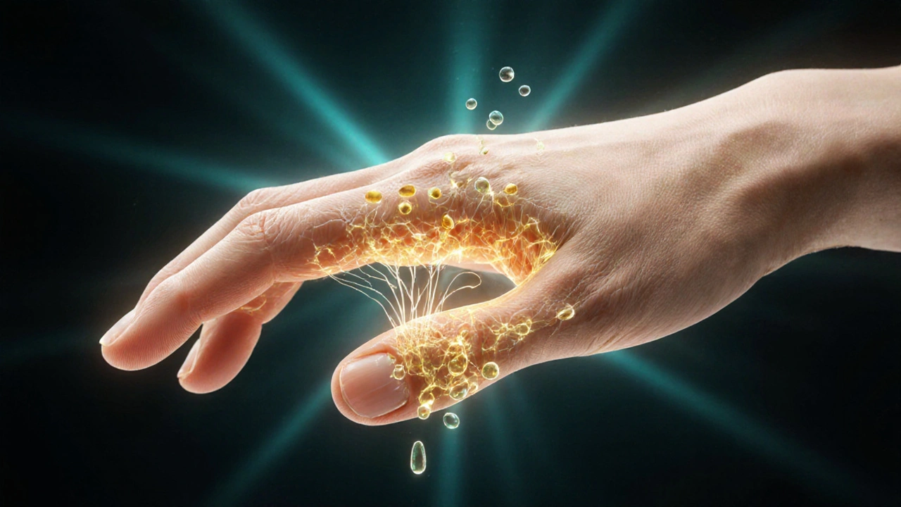 Průhledná ruka s vitamíny tekoucími jako zlaté nitě do oblasti kolem nehtu, opravujícími trhliny.