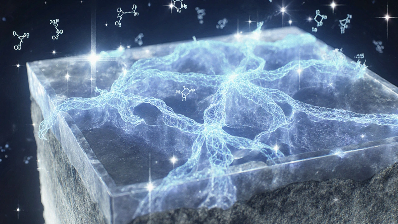 Průřez kůže s vykreslenými molekulami mořského kolagenu a aminokyselinami.