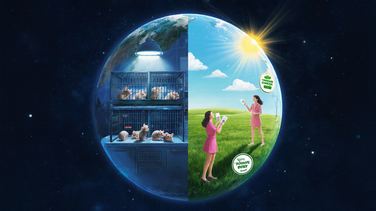 Rozdělený globus: jedna polovina s laboratořemi, druhá s lidmi používajícími přírodní kosmetiku v přírodě.