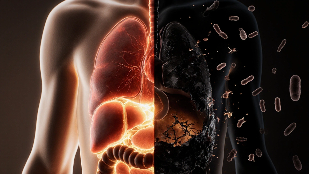 Rozdělený tělo: zdravé orgány vs. poškozené alkoholem.