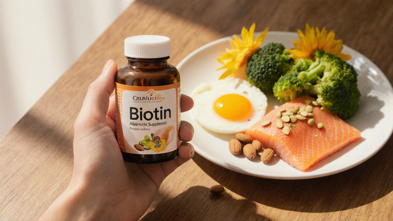 Ruka drží doplněk biotinu vedle potravin bohatých na vitamíny: vejce, mandle, losos, brokolice.