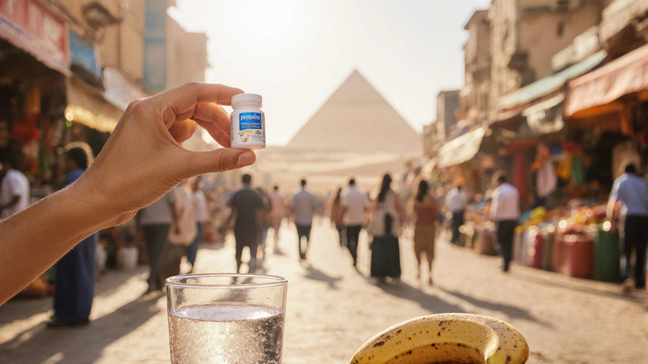 Ruka drží probiotikum vedle lahve vody a banánu s pozadím káhirského trhu.