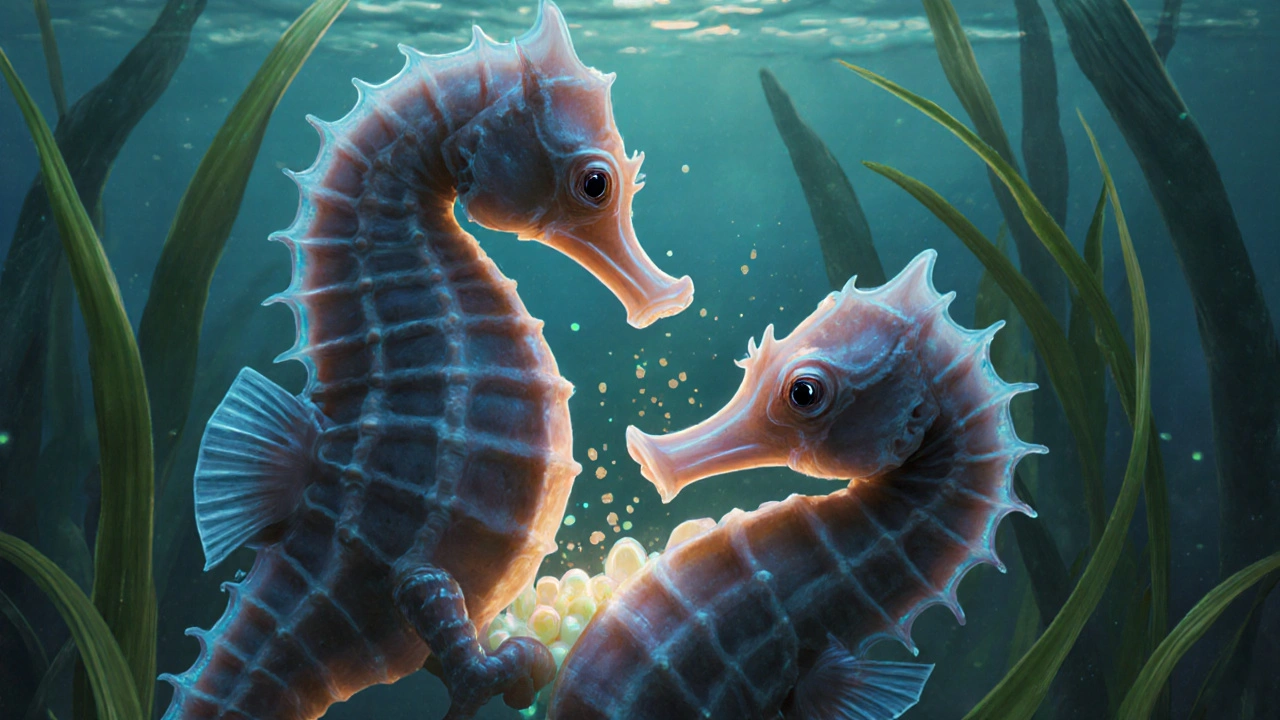 Samice mořského koníka předává vajíčka samci v prostředí mořské trávy.