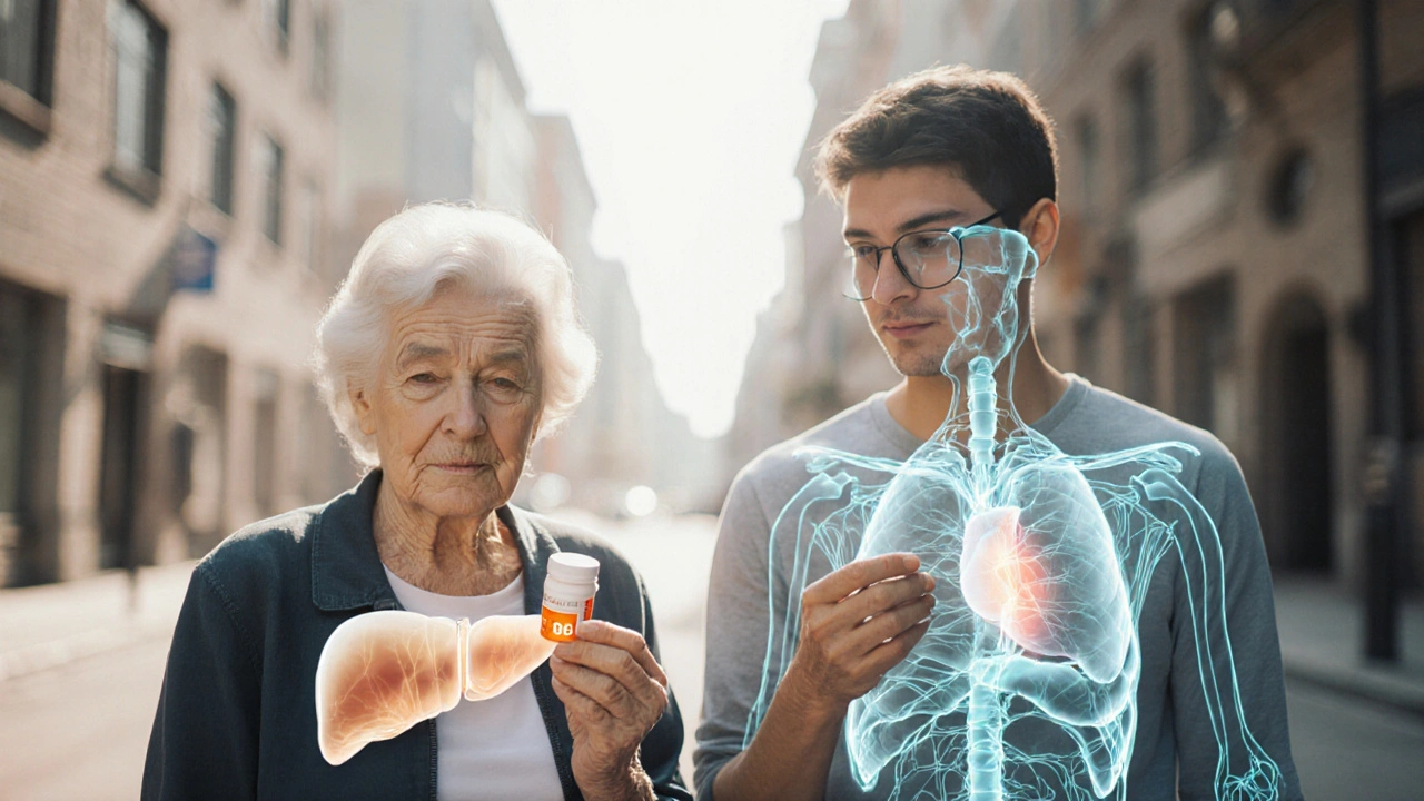 Starší žena a vegan drží doplňky B12 s přehledem jejich těl.