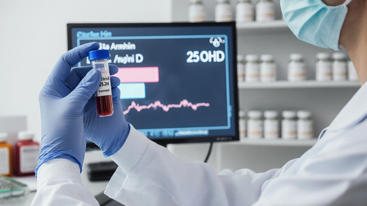 Technik v klinice drží krevní vzorek s výsledkem hladiny vitamínu D.